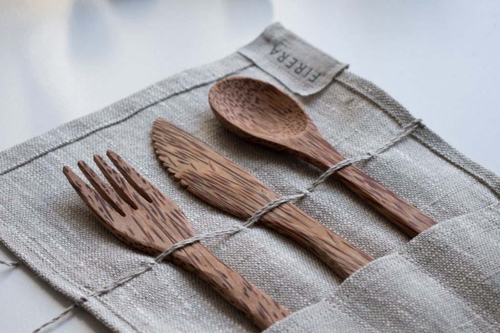 Reusable bamboo cutlery in linen pouch